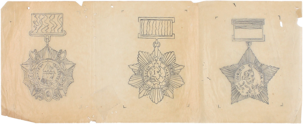 Толоконников Анатолий Алексеевич. Лот из трех эскизов орденов на одном листе: Суворова, Кутузова и Александра Невского